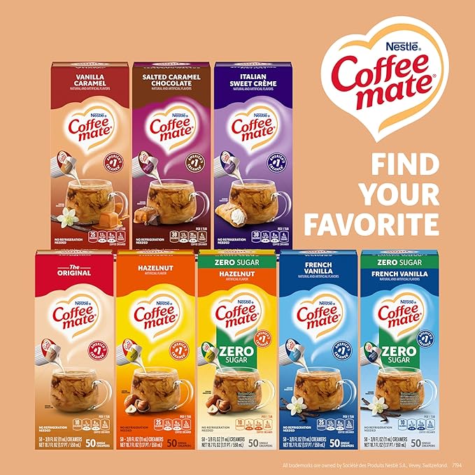 Nestle Coffee mate Coffee Creamer, Vanilla Caramel, Liquid Creamer Singles, Non Dairy, No Refrigeration, 0.375 fl oz Tubs (Pack of 200)