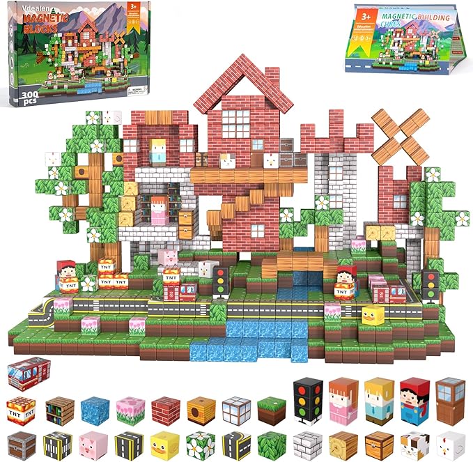 Vdealen 300 PCS Magnetic Blocks-Magnetic Building Blocks, Stacking Magnetic Cubes Toy for Kids, STEM Montessori Sensory Toys for Boys and Girls Age 3 4 5 6 7 8 9 10 11 12 Christmas Birthday Gift