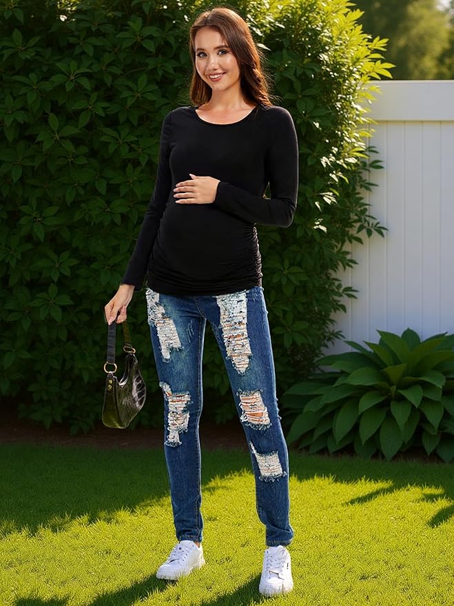 3 Pack Maternity Shirts Long Sleeve Pregnancy Top for Women with Crew Neck Casual Tee Shirts