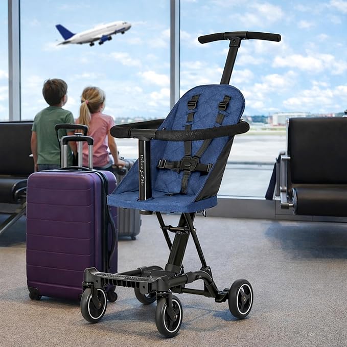 Dream On Me Coast Rider Travel Stroller, Lightweight & Compact Baby Stroller, Theme Park Approved, Book-Folding Design, Adjustable Handle, Soft-Ride Wheels, Converts to Rider & Scooter - Navy