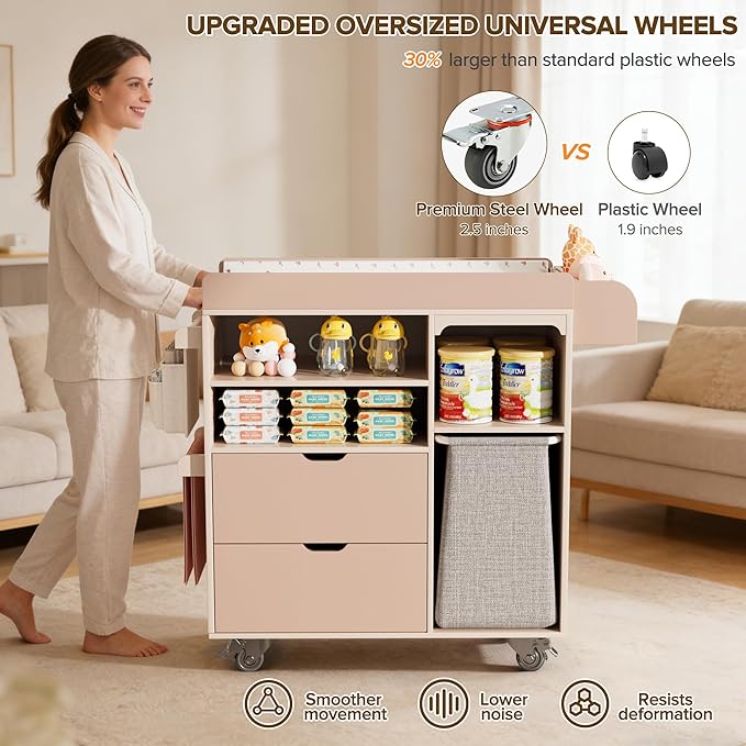 100% Solid Wood Baby Changing Table Dresser with Drawers, Nursery Diaper Changing Station with Changing Pad & Built-In Trash Bag Storage, Rolling Space-Saving Design for Newborn & Toddler, Pink