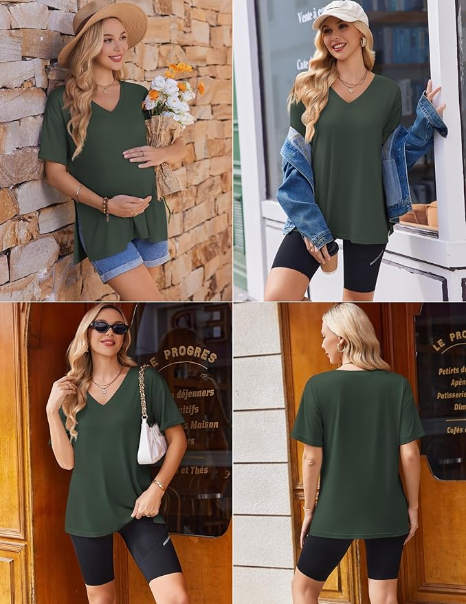 Ekouaer 3 Packs Women's Maternity Shirts V Neck Pregnancy Tops Short Sleeve Casual Workout Tees Side Split Mama Clothes