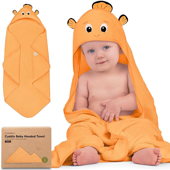 KeaBabies Hooded Baby Towel for Newborn - Viscose Derived from Bamboo Large Baby Bath Towels with Hood for Boys, Girls, Toddler, Extra Absorbent & Soft Newborn Bath Essentials (Clownfish, Regular)