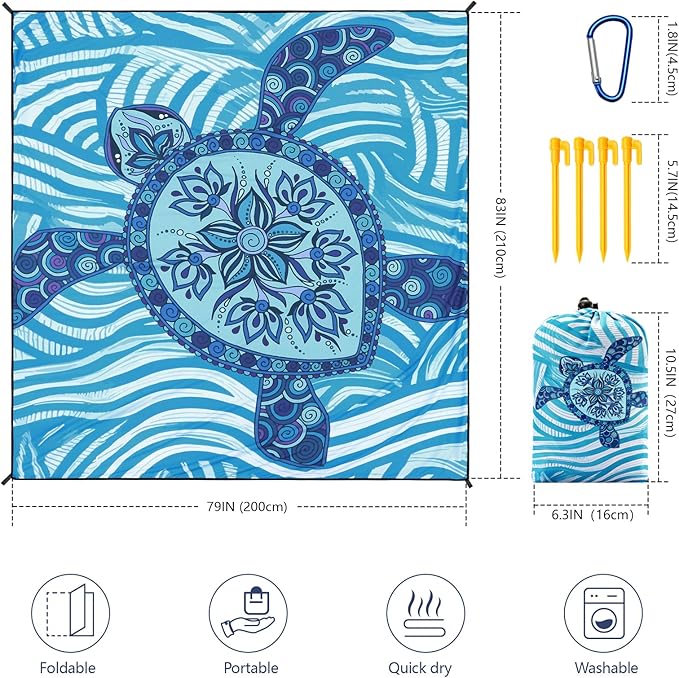 Beach Blanket Waterproof Sandproof Beach Mat 79" X 83"/10'x9'for 2-8 Adults Quick Drying Outdoor Picnic Mat Beach Accessories for Travel, Camping, Hiking