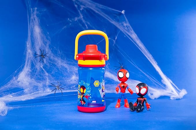 Zak Designs Marvel Spider-Man Beacon Kid Water Bottle for Travel, 12oz Plastic is Durable and Leak-Proof with Liquid Lock Spout, Cover, Carry Handle, Protective Base (Spidey and His Amazing Friends)