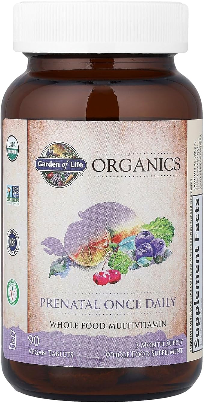 Garden of Life Prenatal Vitamins for Women, Organics Folate for Energy & Healthy Fetal Development, Non-constipating Iron, Vitamin C, B6, B12, D3, Non-GMO, Gluten-Free, Vegan, 90 Day Supply