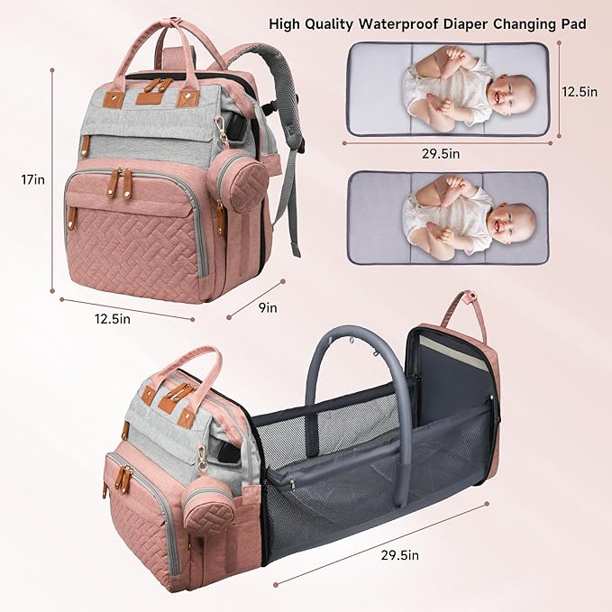 Baby Diaper Bags with Changing Station, Large Capacity Diaper Bag Backpack for Moms Dads with USB Charging Port,Travel Baby Bag with Pacifier Case,Baby Essentials(Up-PinkGrey)