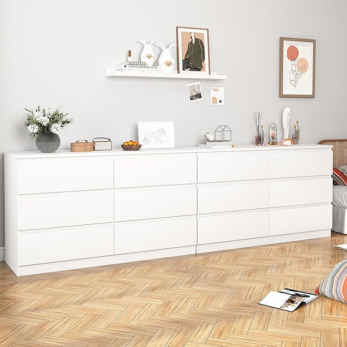 White 6 Drawer Dresser for Bedroom,Modern Deep Drawer Dresser with No-Handle Design,Wide Storage Chest of Drawers,Wood Bedroom Storage Organizer Furniture for Closet,Hallway
