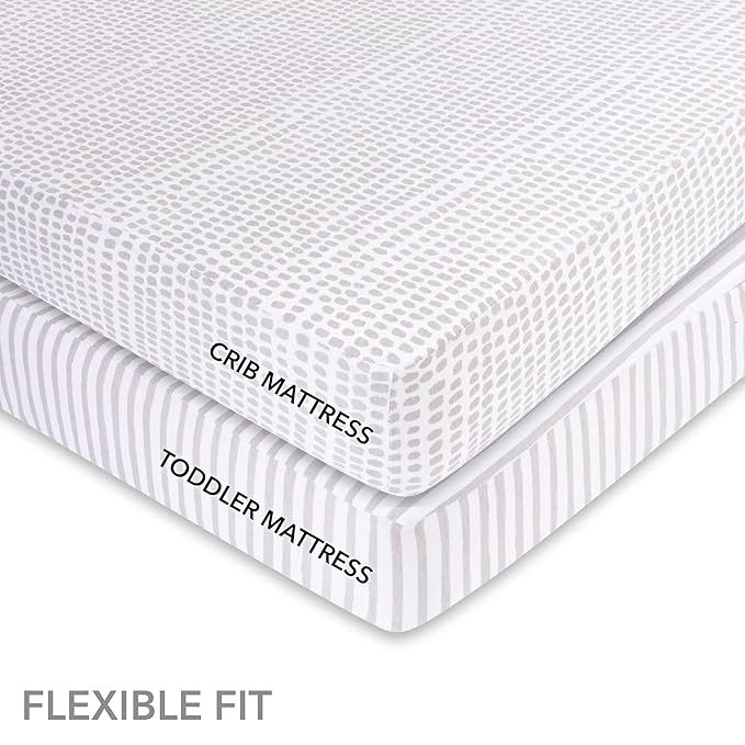 Ely’s & Co. Waterproof Crib Sheet/Toddler Bed Sheets – All-in-One Mattress Protector and Fitted Sheet – Soft Jersey Cotton, Grey Splash & Stripes, Gender Neutral Nursery Bedding Essential – 2-Pack