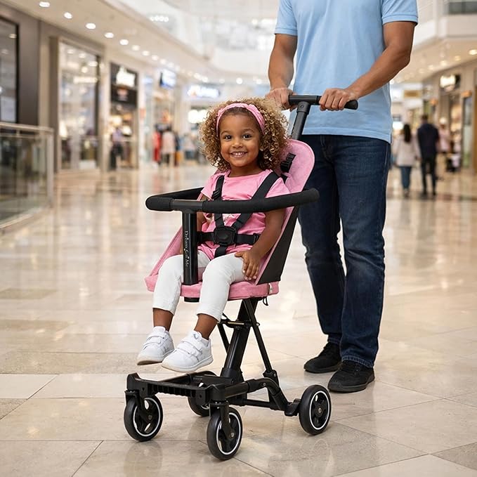 Dream On Me Coast Rider Travel Stroller, Lightweight & Compact Baby Stroller, Theme Park Approved, Book-Folding Design, Adjustable Handle, Soft-Ride Wheels, Converts to Rider & Scooter - Pink