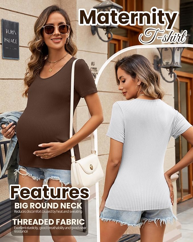 Neer 3 Pack Women's Ribbed Maternity Tops Pregnancy Round Neck Shirts Short Sleeve Soft Maternity Clothes for Mama