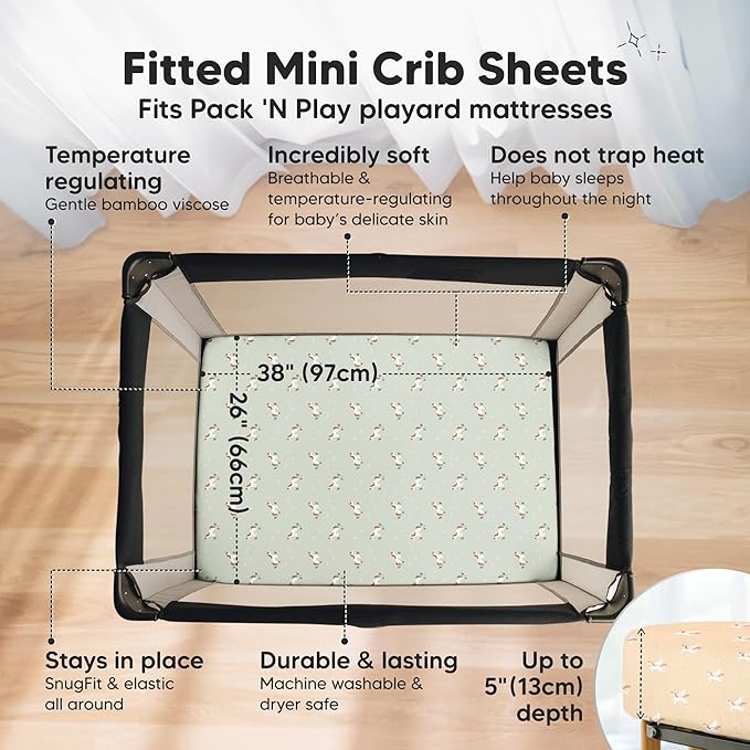 Pack and Play Sheets Fitted - 2-Pack Mini Crib Sheets for Pack N Play Mattress 38x26, Soft & Cozy, Neutral Toddler Playard Bedding, Snug Fitted Mini Baby Crib Mattress Cover Boy, Girl (Lune Mystic)