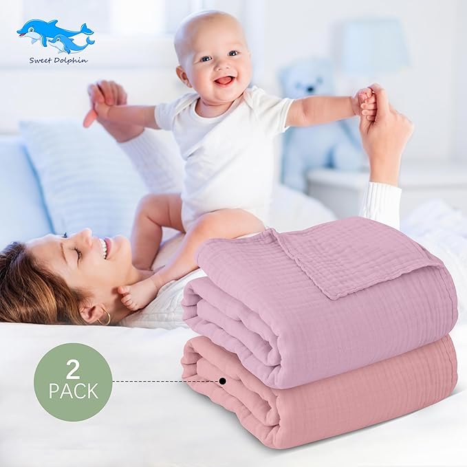 SWEET DOLPHIN Muslin Baby Bath Towels Blanket - 2 Pack 100% Cotton Towel for Babies, Infants, Toddlers - 40x40Inch - Highly Absorbent, Light Sakura