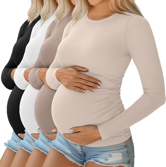 Ficerd 4 Pack Women's Maternity Shirts Cotton Long Sleeve Ribbed Crew Neck Pregnancy Tops Side Ruched Casual Mama Clothes