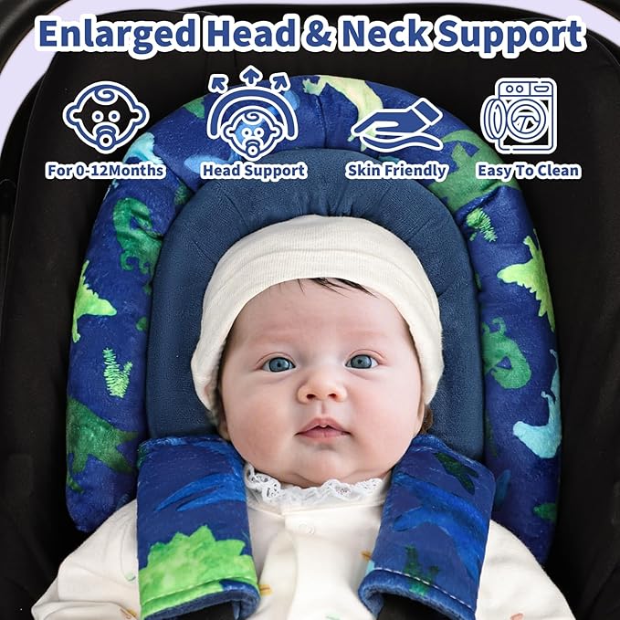 Baby Car Seat Head Support with Extra Headrest, 2-in-1 Babybody Supports with Shoulder Pads Set for Newborn, Adjustable Infant Car Seat Insert Compatible with Stroller, Baby Swing (Blue Dinosaur)