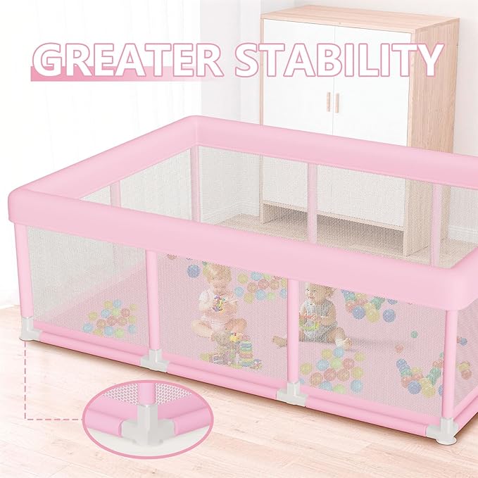 Large Baby Playpen 74"x50", Baby Girl Play Pen for Babies and Toddlers Pink, Safe Structure and Soft, Skin-Friendly Fabric with Zipper Gates