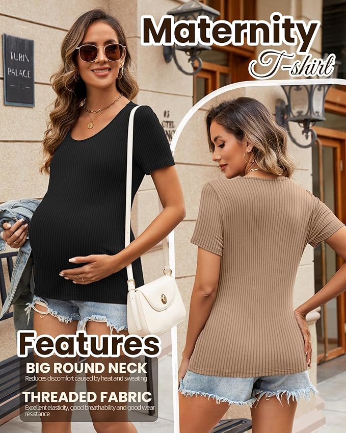Neer 3 Pack Women's Ribbed Maternity Tops Pregnancy Round Neck Shirts Short Sleeve Soft Maternity Clothes for Mama
