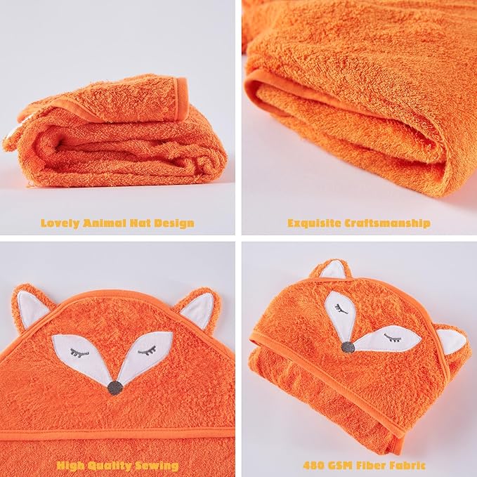 Touchat Hooded Baby Towels, Soft and Hypoallergenic Baby Bath Towels with Hood for Toddler Infant Newborn, Large and Absorbent Toddler Towels for Baby Boy Girl (Fox Kit, 35.1''x35.1'')