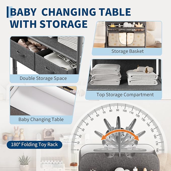 GarveeHome Baby Changing Table with Storage, Portable Foldable Diaper Changing Station with 2 Storage Baskets, Height Adjustable Waterproof Changing Table for Infant and Newborn