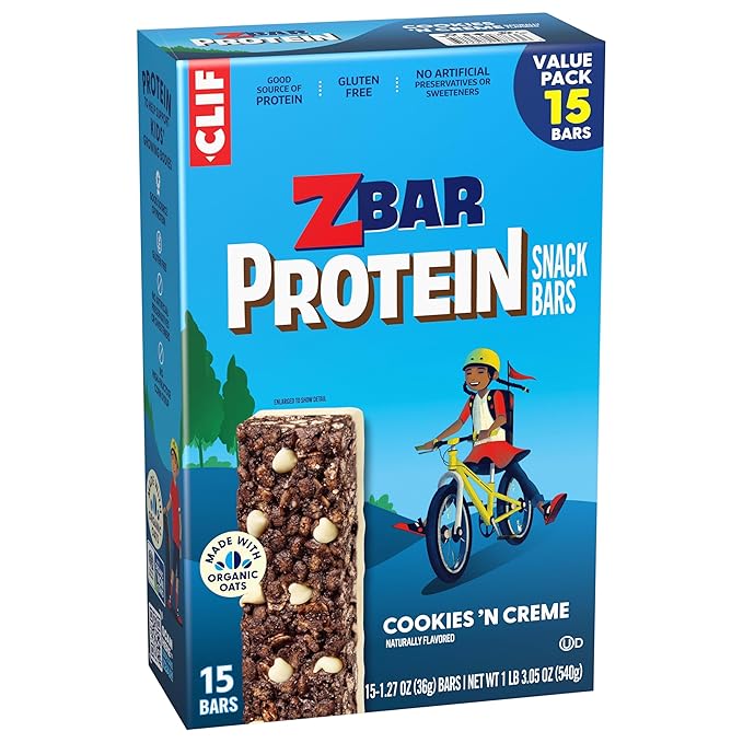 CLIF Kid Zbar Protein - Cookies 'N Creme - Crispy Snack Bars - Made with Organic Oats - Non-GMO - 5g Protein - Gluten Free Protein Bars (15 Pack)