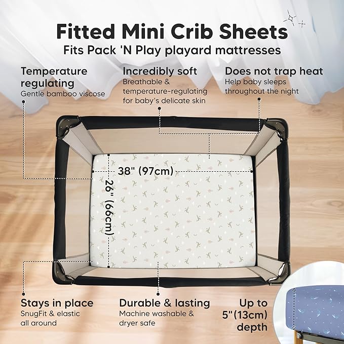 Pack and Play Sheets Fitted - 2-Pack Mini Crib Sheets for Pack N Play Mattress 38x26, Soft & Cozy, Neutral Toddler Playard Bedding, Snug Fitted Mini Baby Crib Mattress Cover Boy, Girl (Marine Muse)