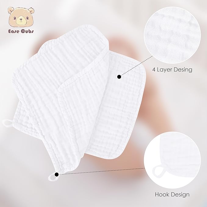 12 Pack Muslin Washcloths for Baby - 100% Cotton Baby Wash Cloths for or Baby Face Body Comfy and Soft for Newborn Infants Kids Girls and Boys - 12"x12" - White