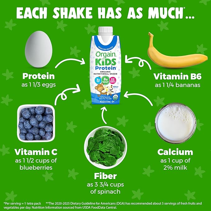 Orgain Organic Kids Nutritional Protein Shake, Vanilla, Healthy Kids Snacks, 8g Dairy Protein, 3g Fiber, 22 Vitamins & Minerals, No Soy ingredients, Gluten Free, Non-GMO, 8.25 Fl Oz (Pack of 12)