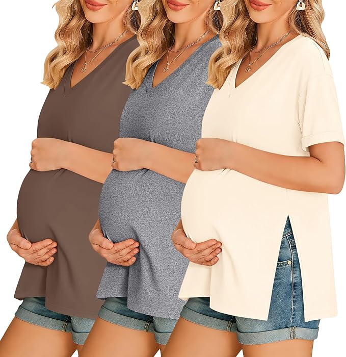 Ekouaer 3 Packs Women's Maternity Shirts V Neck Pregnancy Tops Short Sleeve Casual Workout Tees Side Split Mama Clothes