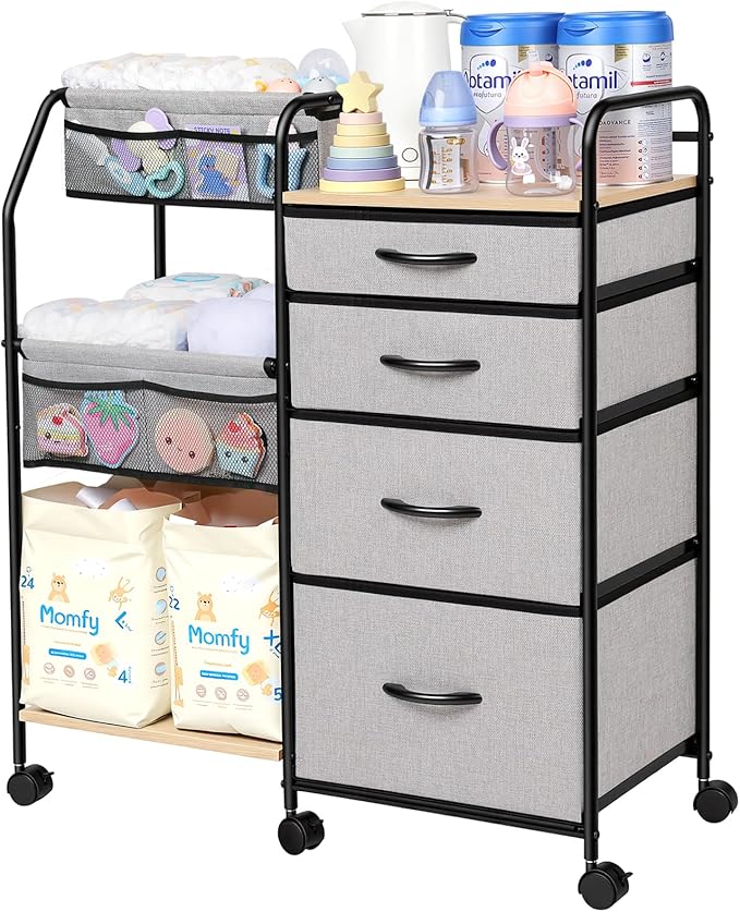 Fabuday Baby Diaper Caddy Organizer Cart - 4 Tier Rolling Diaper Cart with Wheels, Baby Essentials Organizers and Storage, Mobile Utility Carts for Bedside, Crib Nursery, Bedroom, Changing Table