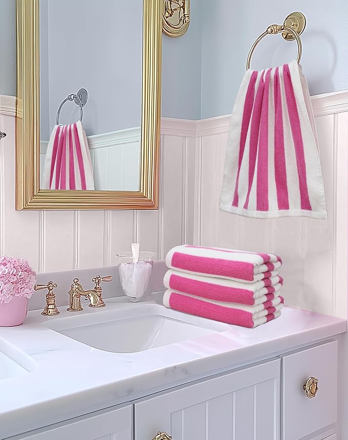 ORIGINAL KIDS Hand Towels - Set of 6 Cabana Stripe 100% Cotton Yarn Dyed Terry Hand Towels - Super Soft Quick Dry Easy Care Absorbent Towels for Bathroom Kitchen Toddlers Children - 16x27 - Pink White