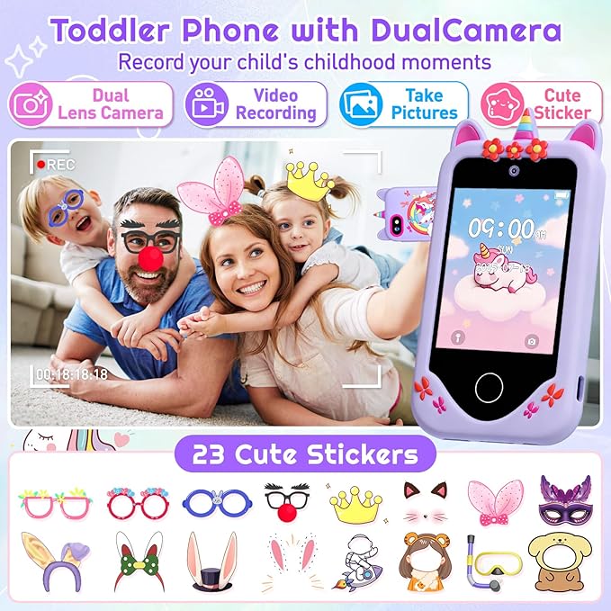 Kids Smart Phone for Girls, Touchscreen, 64GB Card Birthday Gifts for Girls Age 3, 4, 5, 6, 7, 8, 10 Year Old, Toddler Educational Learning Toys Phone with Dual Camera, Game, Music Player