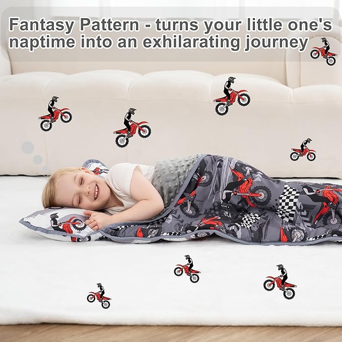 Viviland Toddler Nap Mat with Pillow and Minky Dot Blanket, Rolled Large Sleeping Mat for Boys, Kids Slumber Bag/Nap Mat for Preschool, Daycare, Kindergarten, Travel Camping - Cool Motocycle