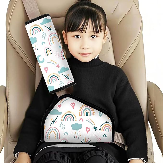 Kids Seat Belt Cover & Neck Protector - Soft Breathable Car Seat Belt Cushion for Children, Universal Fit, Hypoallergenic Travel Accessory, (Rainbow)