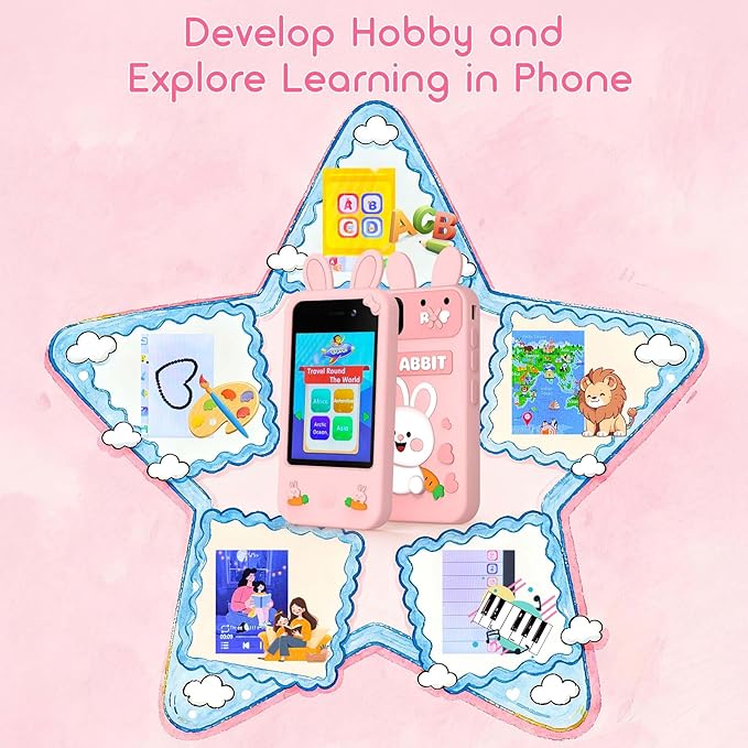 Kids Smart Phone Toy - Toddler Cell Phone 2.8" Touchscreen Dual Camera with 20 Puzzle Games, Safe No WiFi for Kids 3-6, Educational Play Phone, Durable for 5 Year Old Boys Girls (Pink)