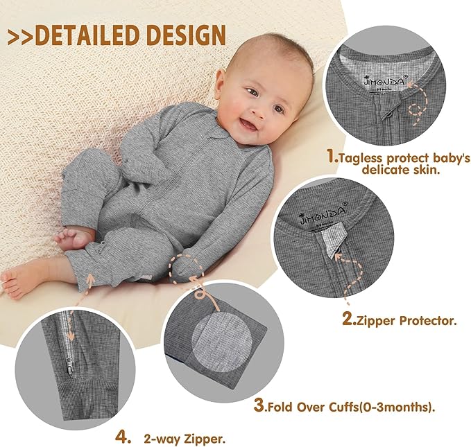 Jimonda Ribbed Rayon From Bamboo Baby Boys/Girls Sleepers, 2-Way Zipper Long Sleeve Footless Pajamas With Mittens Soft Pjs