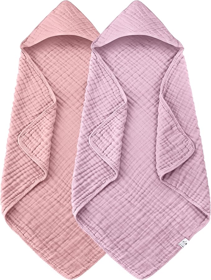 2 Pack Hooded Baby Towels - 100% Muslin Cotton for Newborns, Infants, Toddlers - Large 32x32 Inch Size - Highly Absorbent and Essential for Newborn Care, Light Sakura