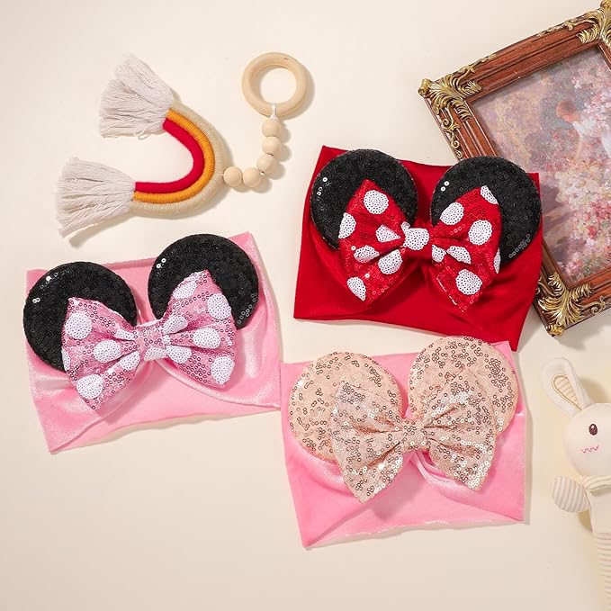 choicbaby 3 PCS 5 Inches Mouse Ears Sequin Bow Nylon Hairband with Polka Dot Cute Baby Headbands Soft Hairbands Hair Accessories for Newborn Infant Toddler Party Supplies