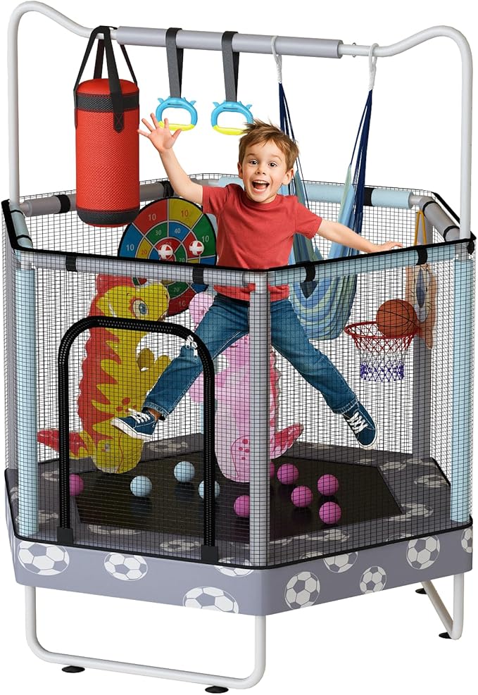 LAMERGE 55" 7-in-1 Round Trampoline for Kids Boys & Girls Ages 1-8, Indoor & Outdoor Trampoline for Fun, Adjustable Height Handrail ＆ Enclosed Safety Net ＆ Durable Designs for Toddlers Children