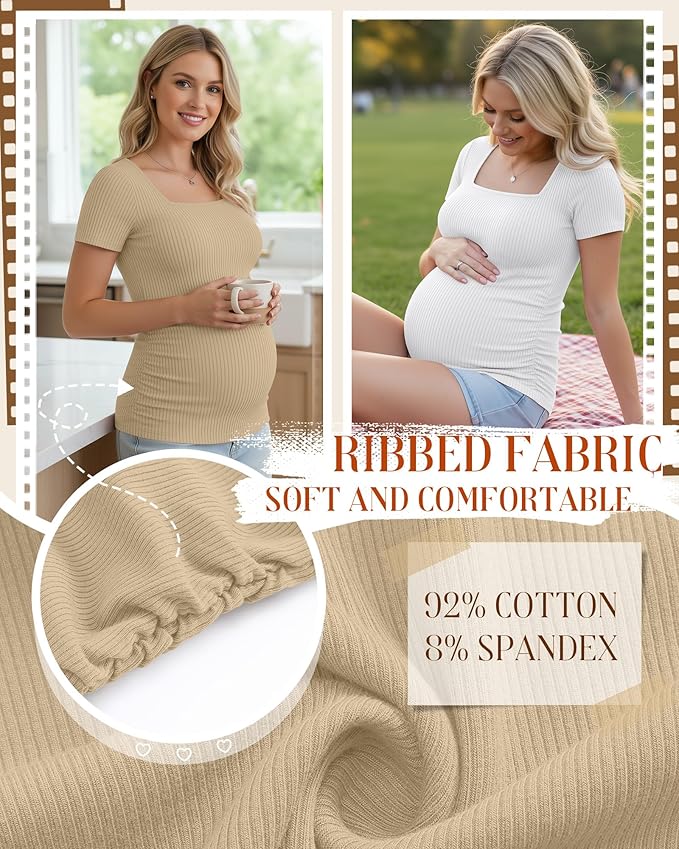 Huukeay 4 Pack Women's Maternity Shirts Cotton Ribbed Short Sleeve Square Neck Pregnancy Tops Side Ruched Summer Tee
