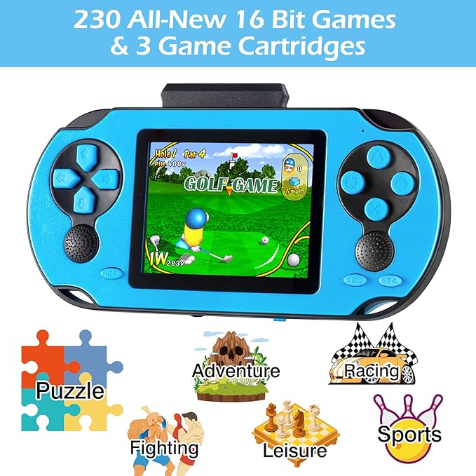 16 Bit Handheld Game for Kids Adults, 3.0'' Large Screen Preloaded 230 HD Classic Retro Video Games with USB Rechargeable Battery & 3 Game Cartridges for Birthday Gift for Kids 4-12 (Blue)