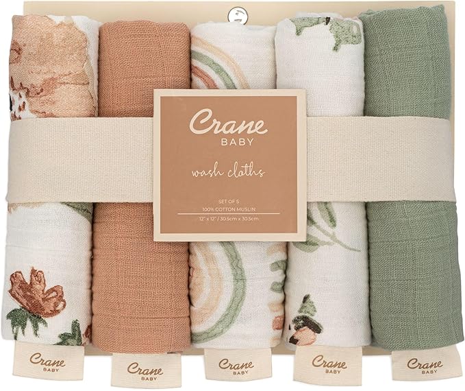 Crane Pink Floral Baby Wash Cloth Set - 5 Soft 100% Cotton Muslin Washcloths for Newborns