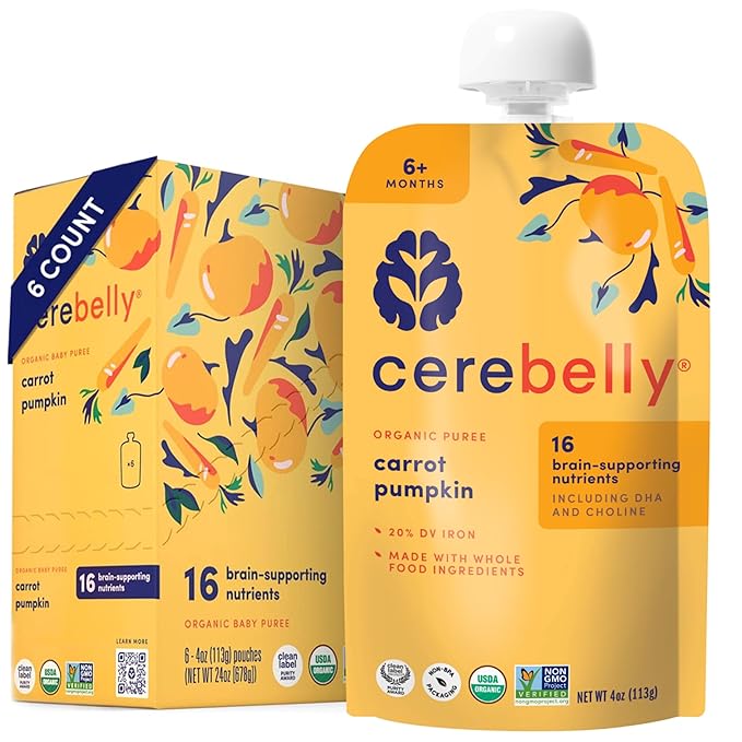 Cerebelly Organic Baby Food Pouches, Carrot Pumpkin Purees, 16 Nutrients, No Added Sugar, Fiber & Non-GMO, 4oz, 6 Pack