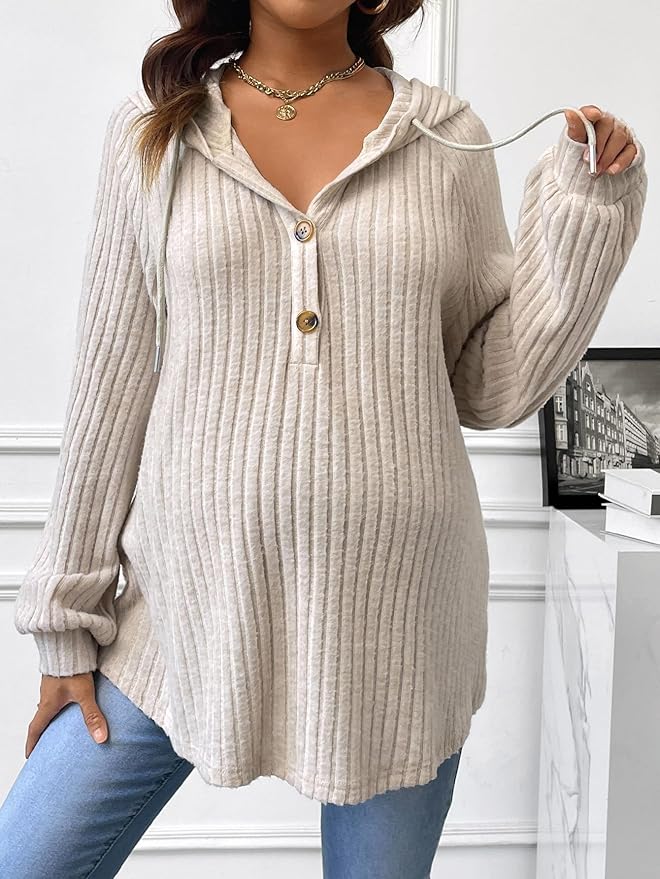 Women's Maternity Half Button Sweatshirts Long Sleeve Ribbed Knit Pregnancy Shirt Spring Clothes