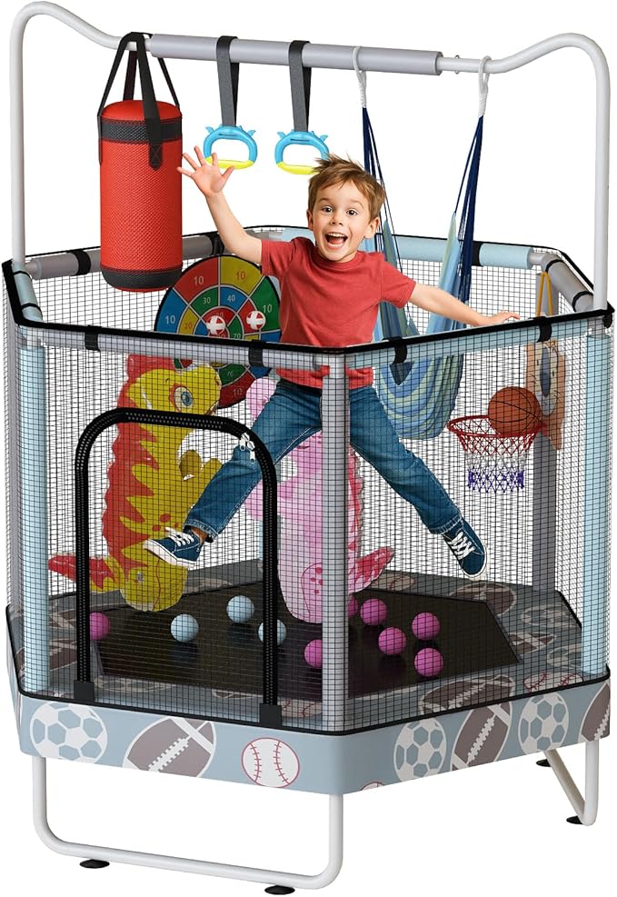 LAMERGE 55" 7-in-1 Round Trampoline for Kids Boys & Girls Ages 1-8, Indoor & Outdoor Trampoline for Fun, Adjustable Height Handrail ＆ Enclosed Safety Net ＆ Durable Designs for Toddlers Children