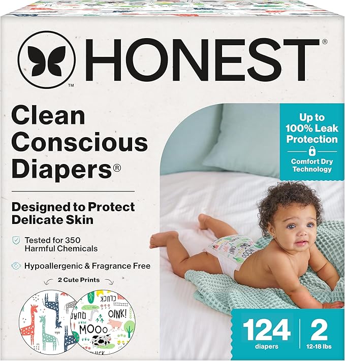 The Honest Company Comfort Dry Disposable Diapers for Sensitive Skin, Hypoallergenic, Fragrance-Free, Multi-Colored Giraffes + Barnyard Babies, Super Club Box Size 2 (12-18 lbs), 124 Count