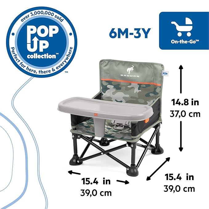 Bright Starts Ford Bronco Pop 'N Sit Portable Booster Chair, Floor Seat, Indoor/Outdoor Use, Compact Fold, Camo Print, 6 Mos - 3 Yrs