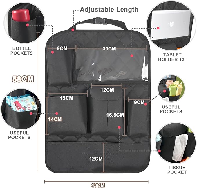 Car Seat Organizers,Multi-functional Back Seat Protectors, Storage Pouches, Child kicking prevention and Tray Holders Kick Mats Back (for Cars, Kids,and Rear Seats) (Black, 1 Pack)
