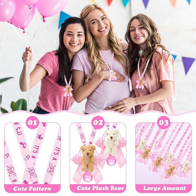 Remuuly 24 Pcs Baby Shower Pacifier Necklaces with Plush Bears Its a Girl Acrylic Pacifier Necklaces for Guest Baby Shower Games Party Favors Gender Reveal Prize Table Scatter Decorations