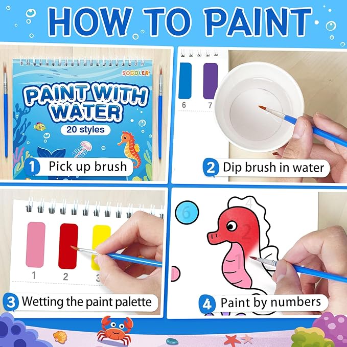 SOCOLER Paint with Water Coloring Books for Toddlers,Sea World Theme Mess Free Watercolor Painting Papers for Kids Water Color Paint Kit Art Craft Gift for Ages 1-3,4-8