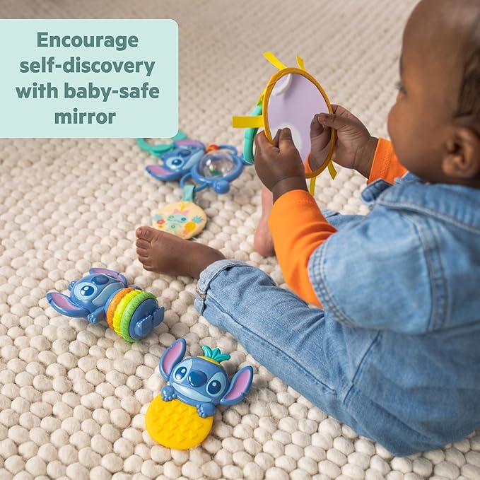 Bright Starts Disney Baby Stitch Tropical Treasures Gift Set with 4 Stitch Inspired Toys Including Baby-Safe Mirror and Teether, Newborns & Up